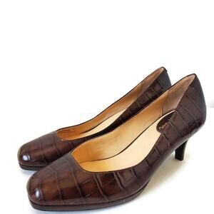 Cole Haan NikeAir Brown Leather Croc Print Slip On Low Heel Pumps Shoes